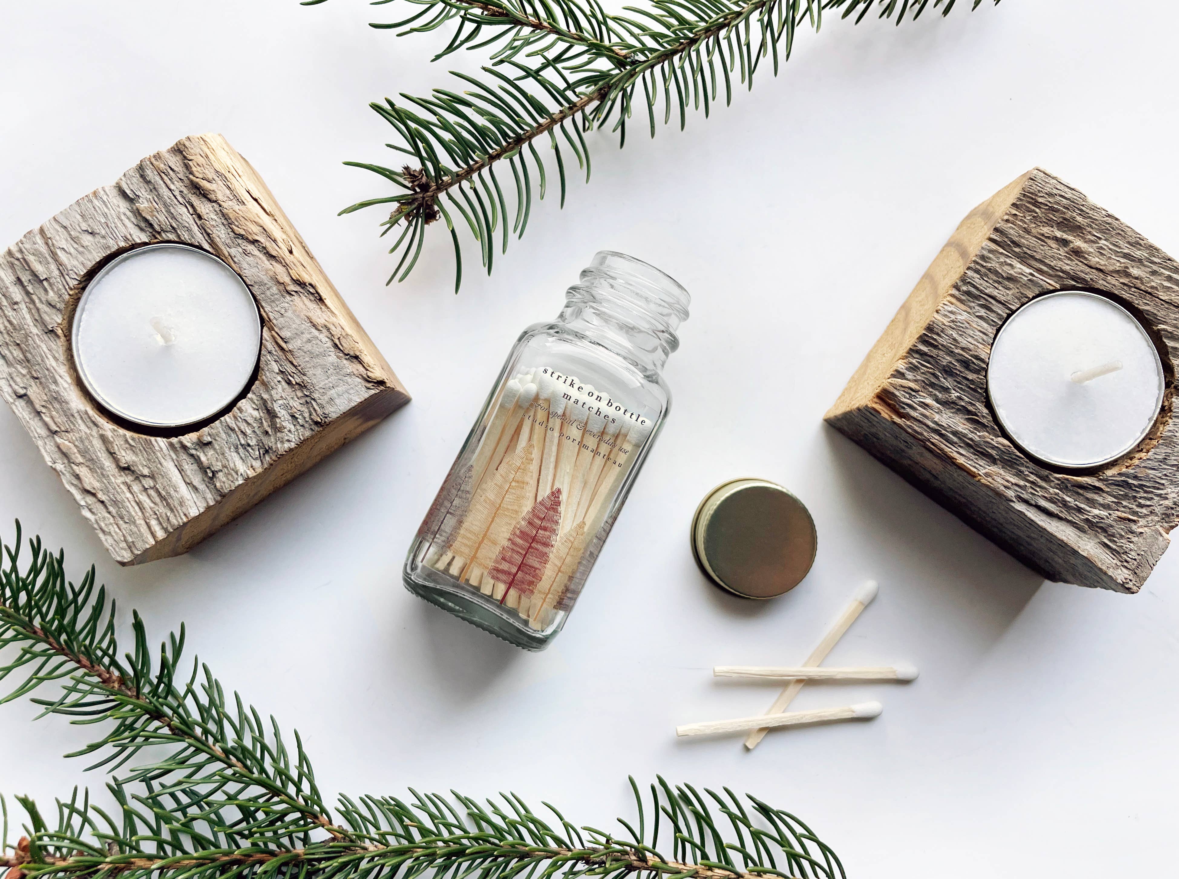 Noble Fir Trees 2" White Match Jar | Match Holder Home Decor