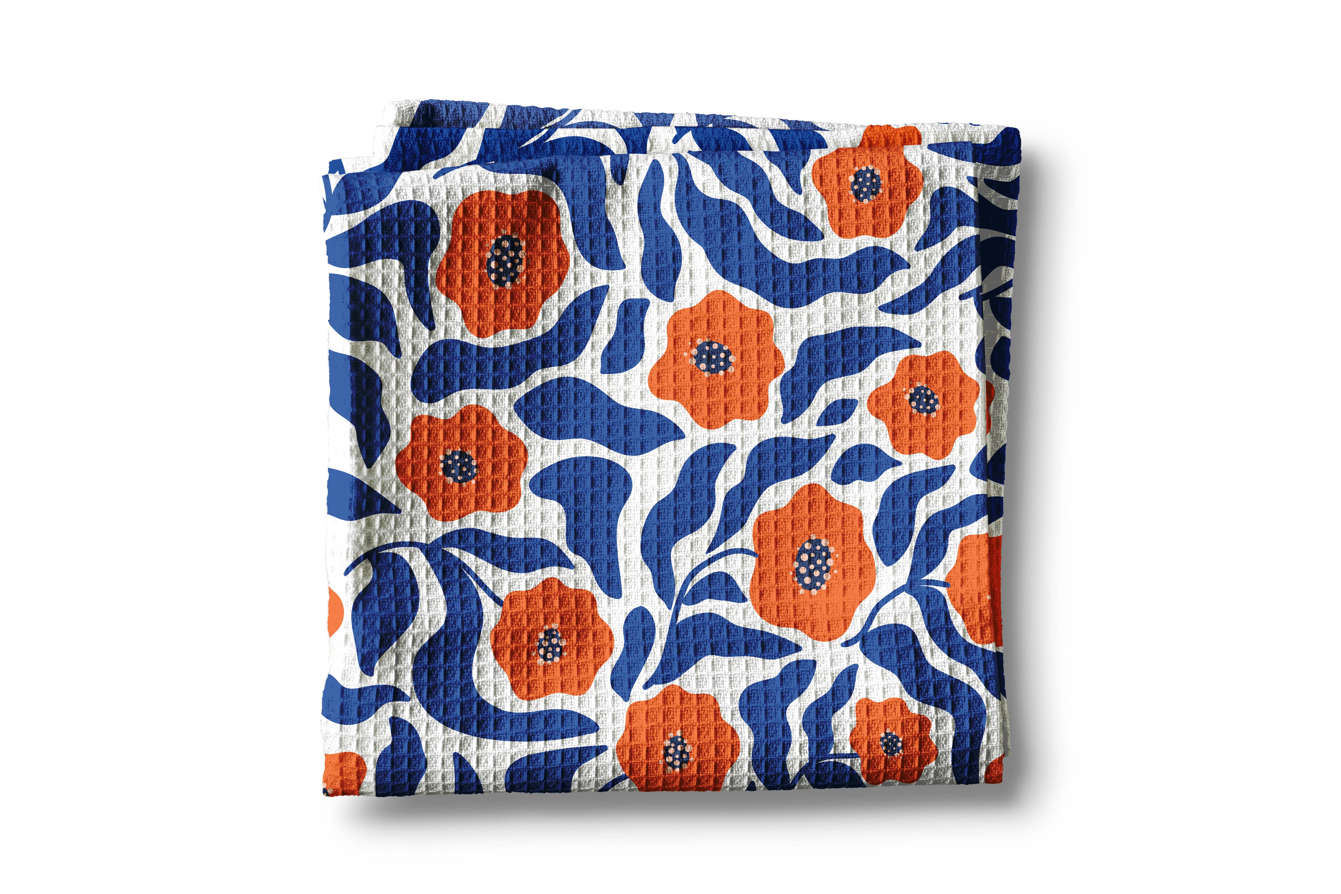 Orange Blue Floral Modern Kitchen Towel Waffle